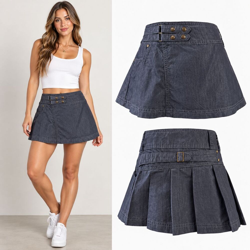Yag Women’s L Y2K Punk Utility Pleated Mini Skirt Gray Blue Snap Buckle 2000s